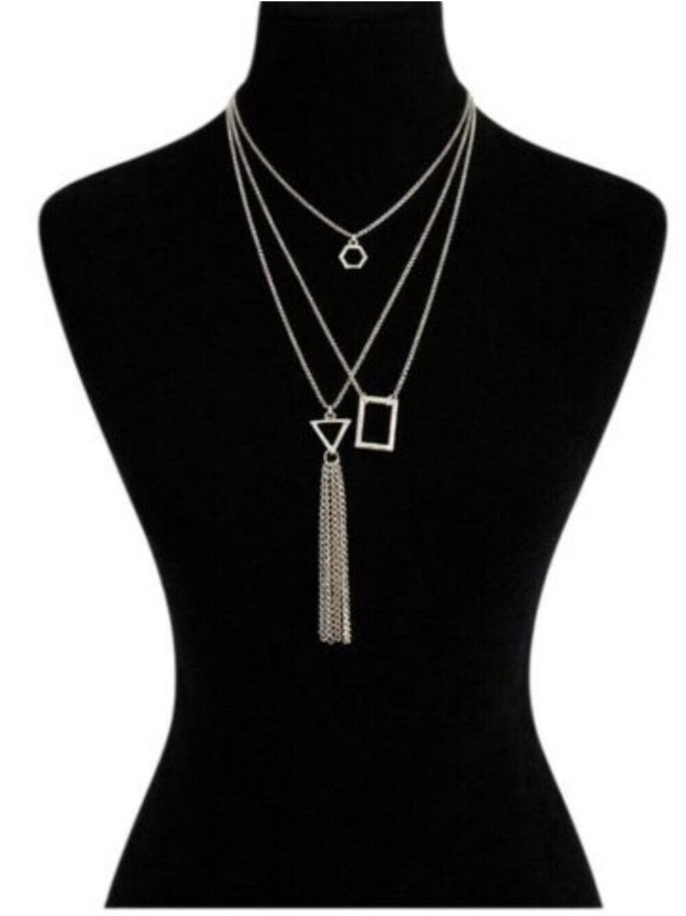 Vintage Y2K Boutique Silver Layered Geometric Charm Necklace